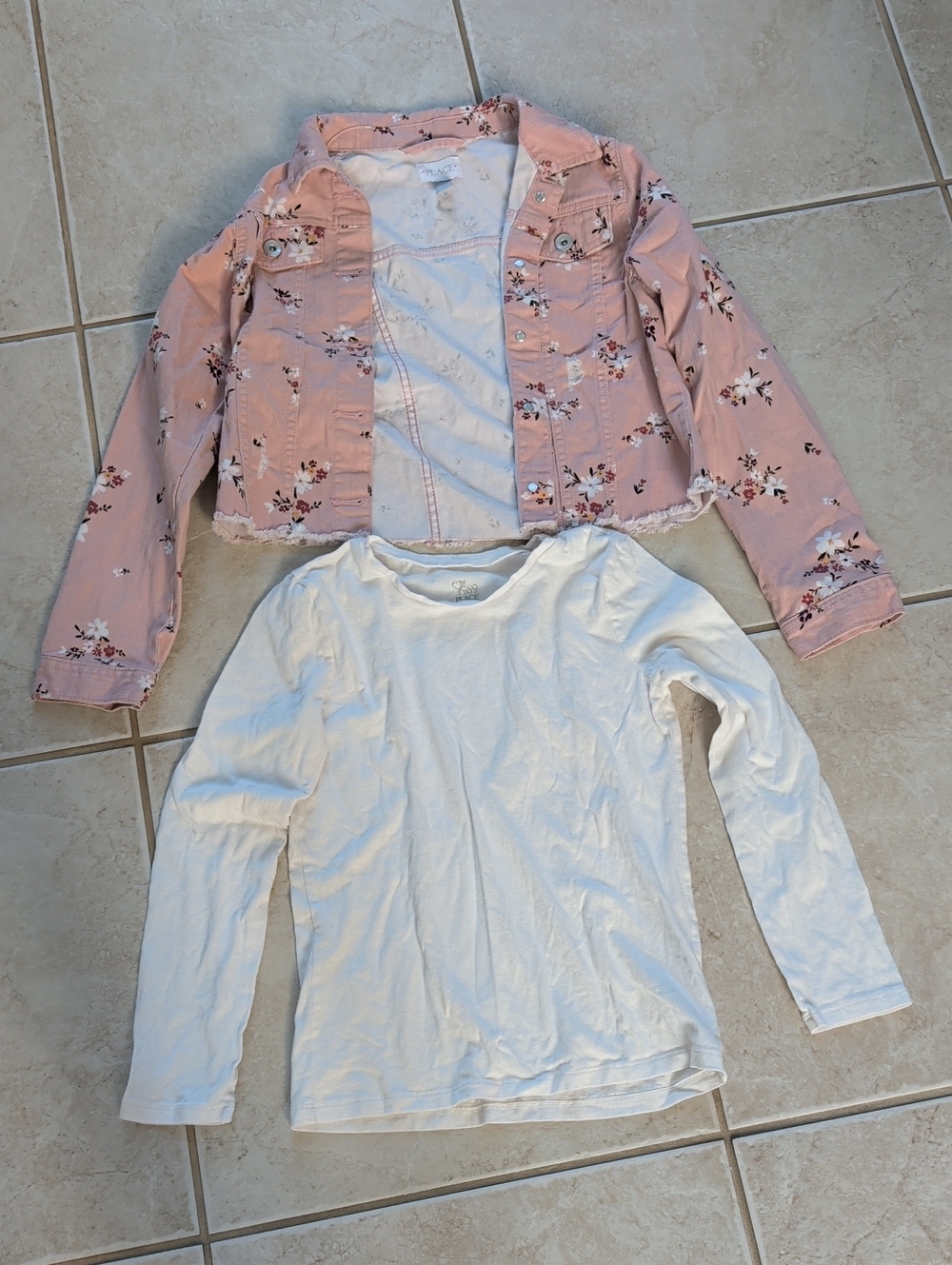 The Children's Place Pink Floral Cropped Jean Jacket & White Long-Sleeve Tee 10